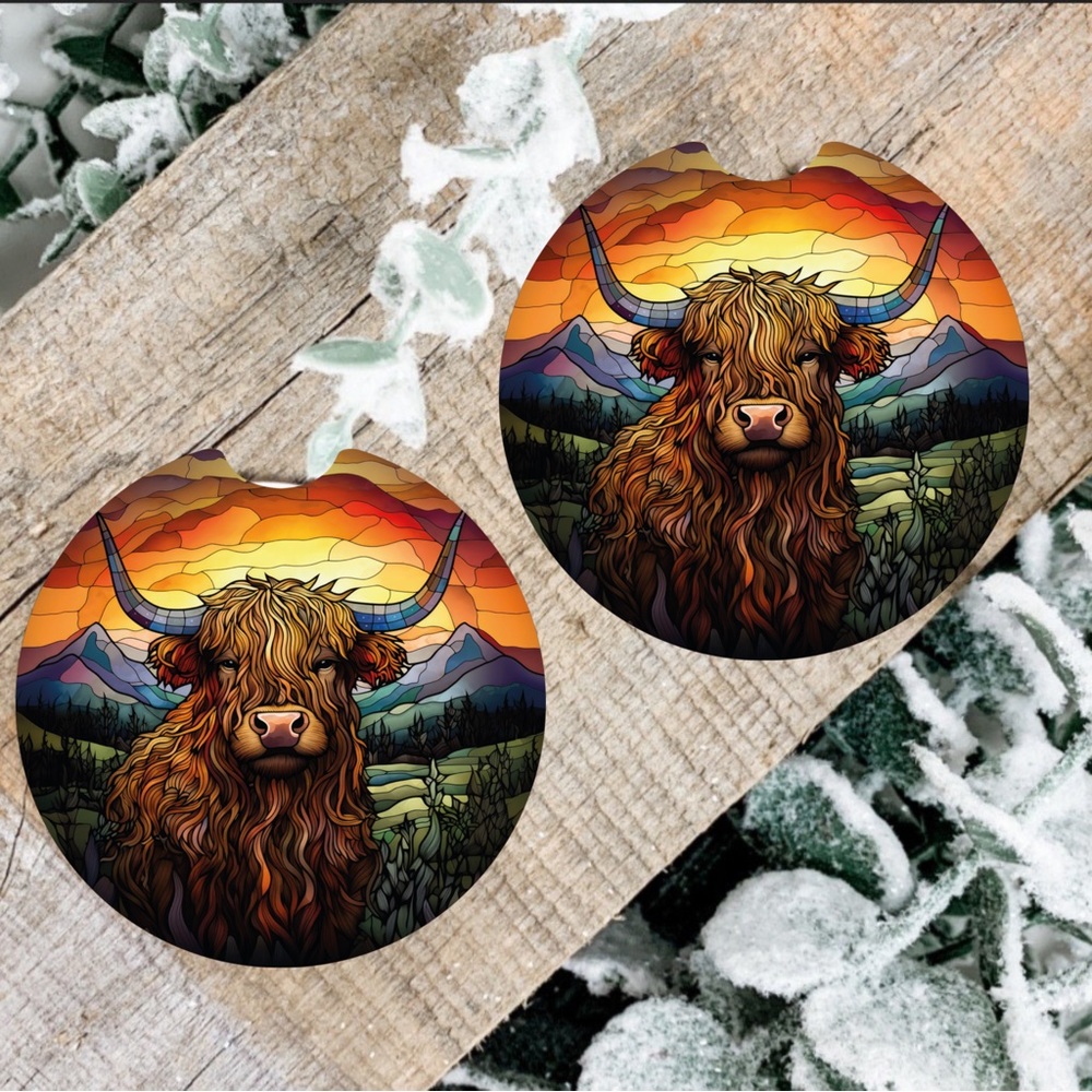 Handmade Highland Cow Car Coasters | New Set Of Two Car Coasters